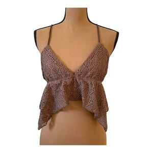 CIDER Brown Lace Hanky Hem Cropped Strappy Tie Triangle Top Size XL